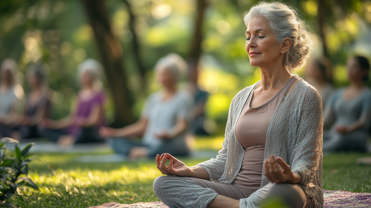 Група людей зрілого віку займається йогою на природі